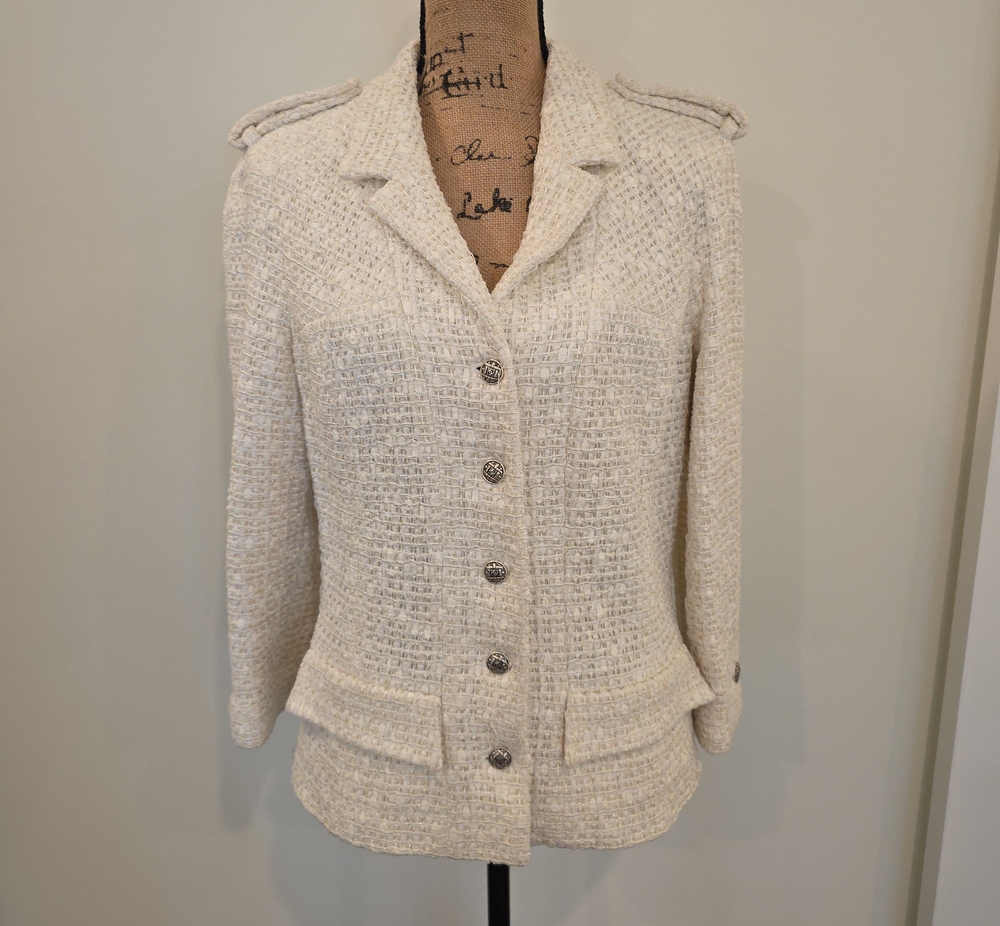 CHANEL Cream Bouclé Military-Style Jacket